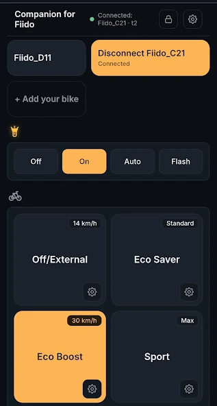 Companion for Fiido app showing connected bikes, light controls and custom riding modes